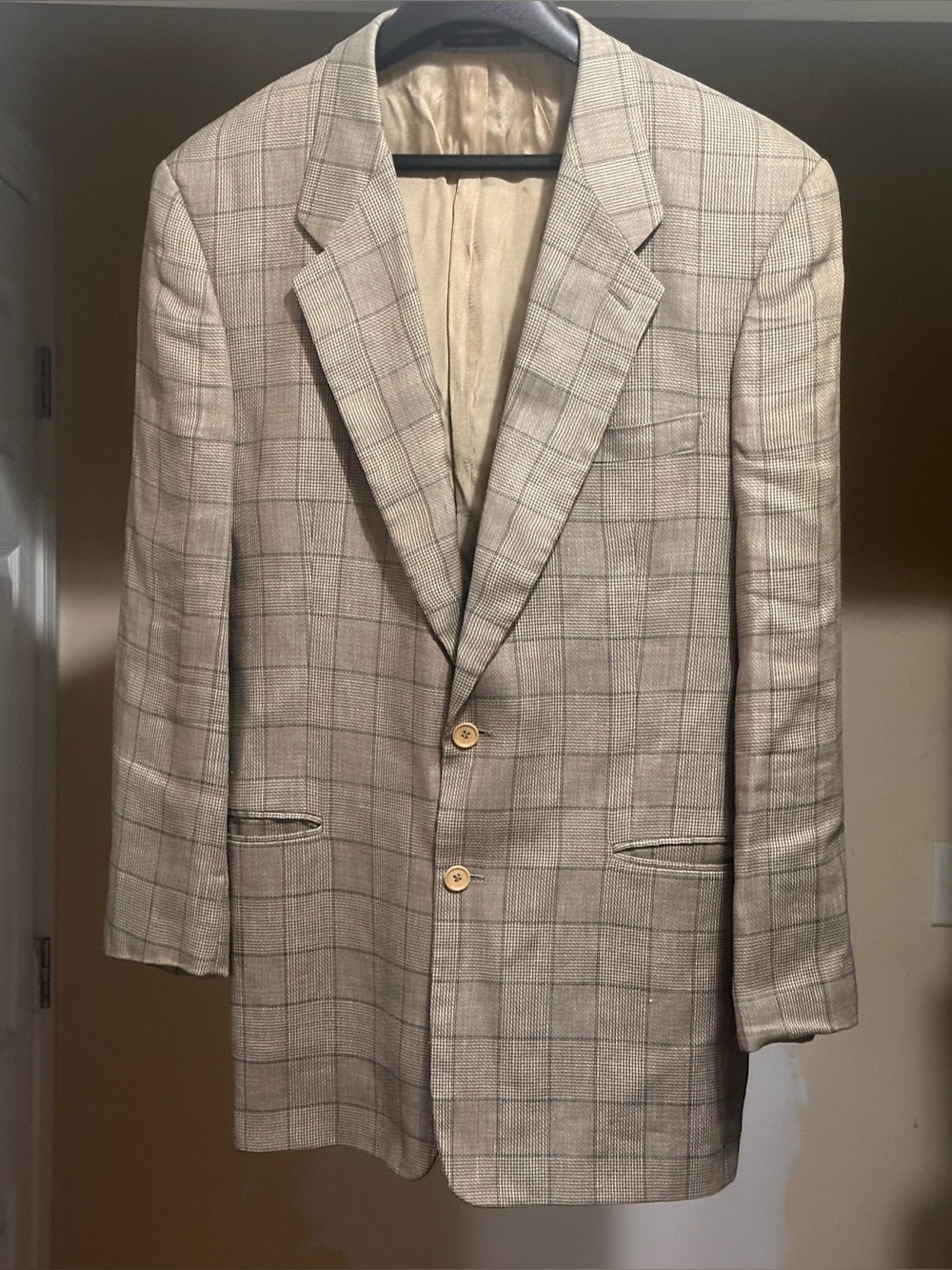 Emporio Armani Tan Plaid Windowpane Pattern Men’s Sports Coat Blazer Size 44 L